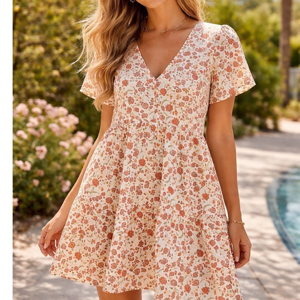 Old Navy Womens Floral Tiered Mini Dress White Orange Green Cotton Rayon Size M - Picture 1 of 10